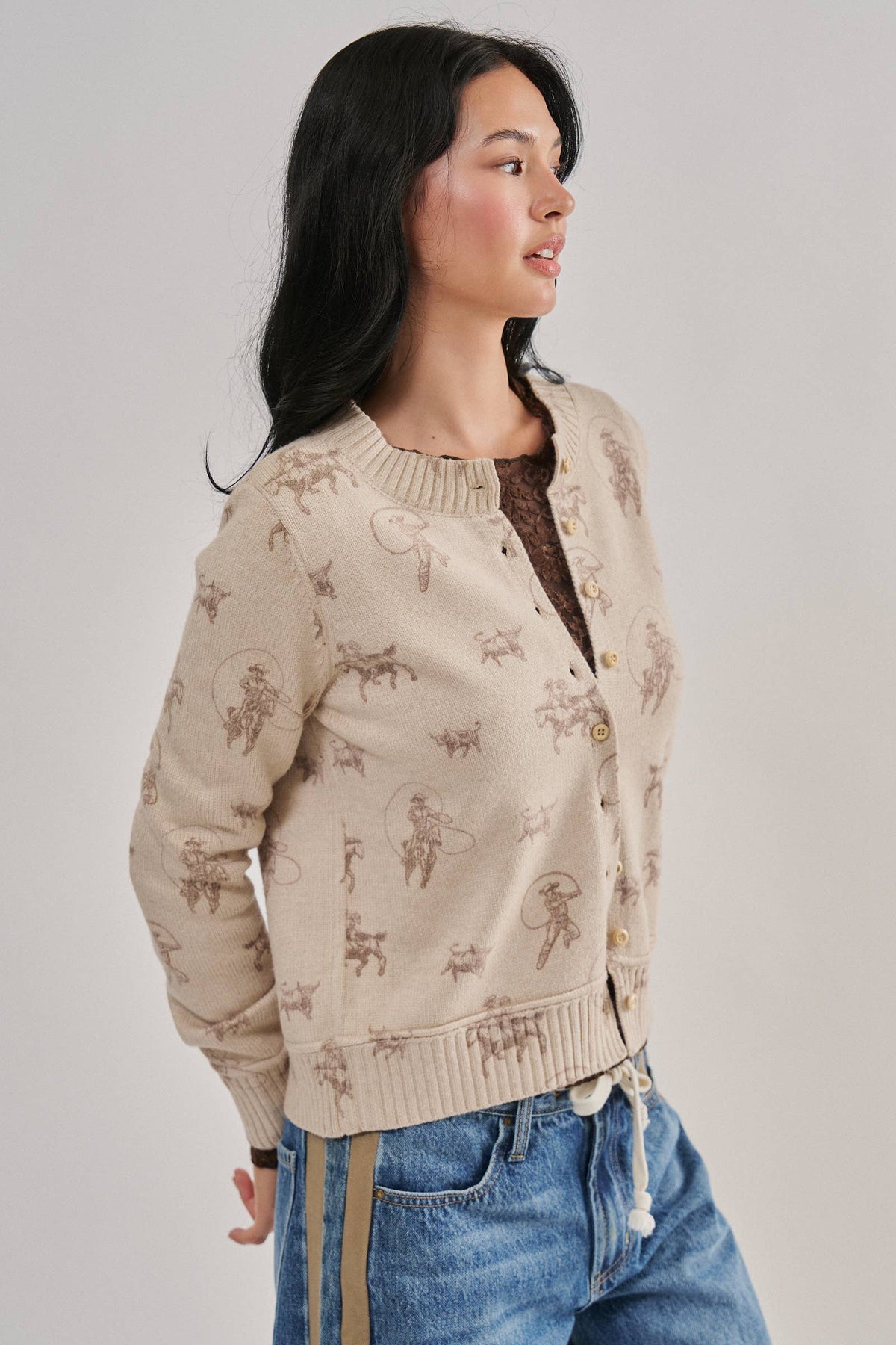 Western Cowboy Print Button Front Cardigan: Khaki / S-M-L