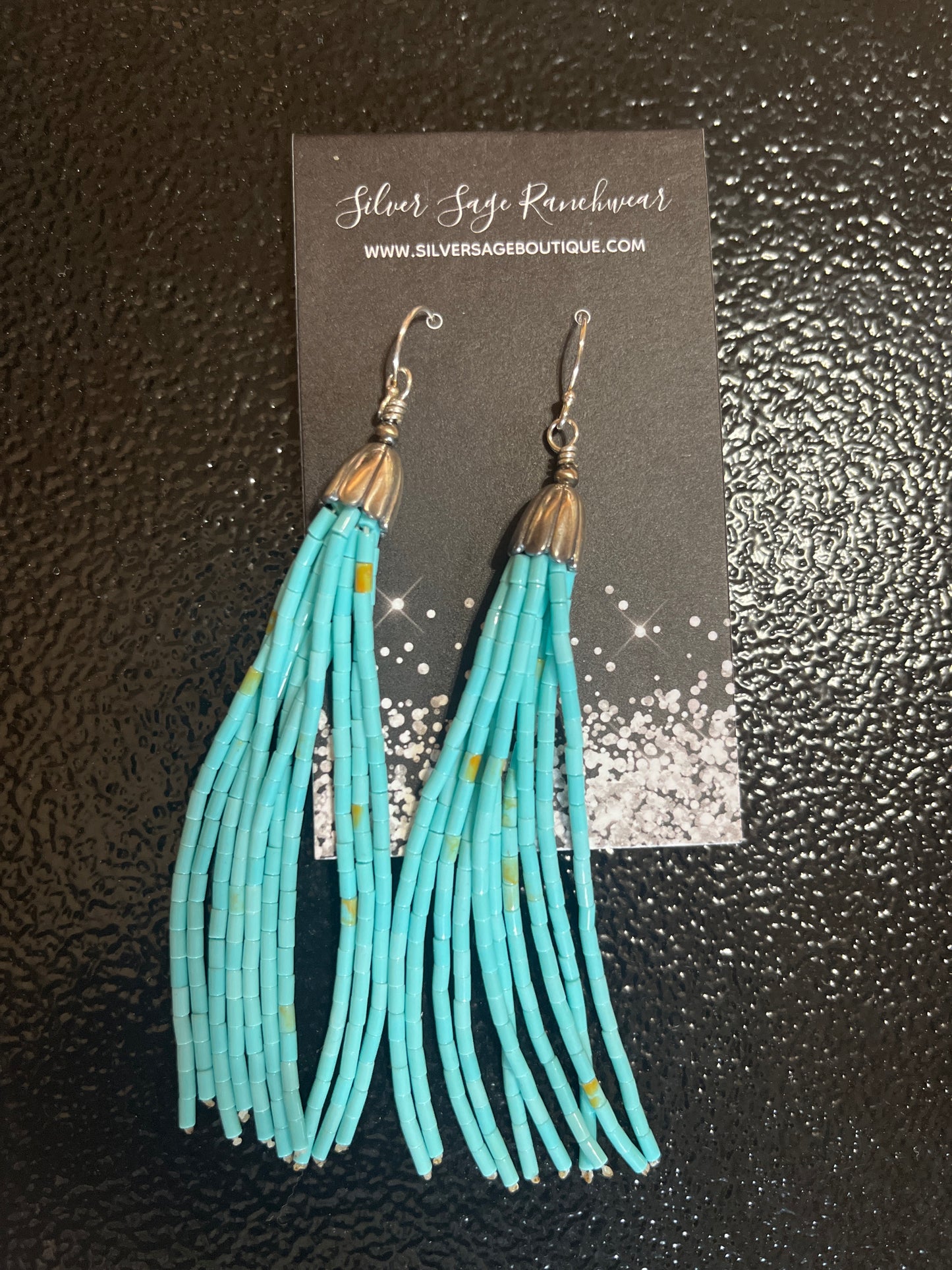 Sterling and turquoise long tassel earrings.