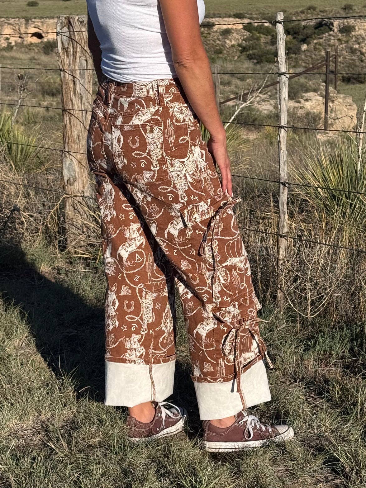 Ranch Roundup western print wide leg cargo jeans with pocket ties: 7/28