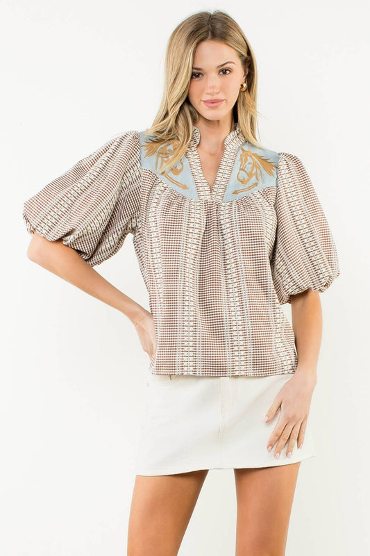 Embroidered Puff Sleeve Gingham Top: Brown
