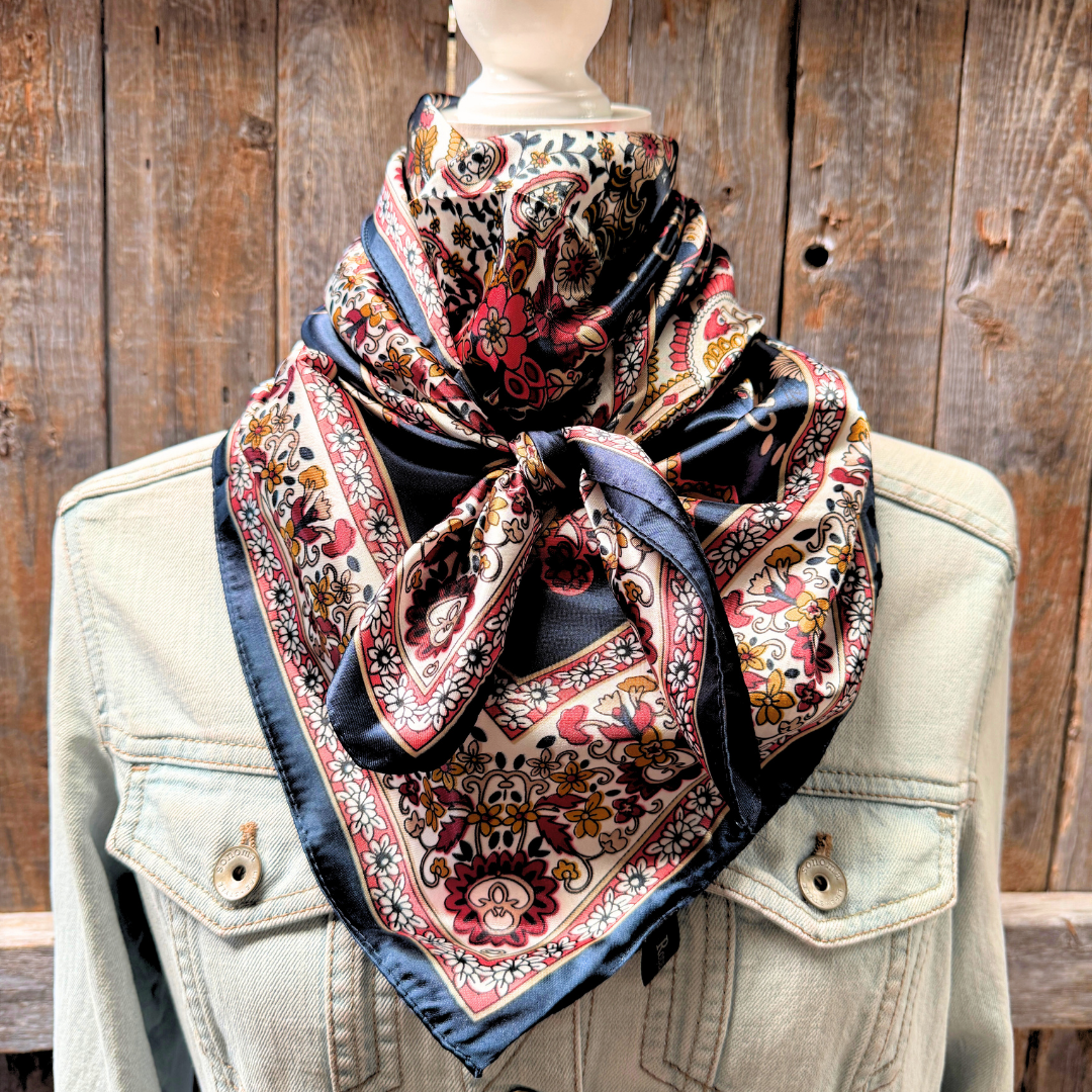 35X35" Navy and Burgundy Flowers and Paisley Wild Rag / Scarf WR1030