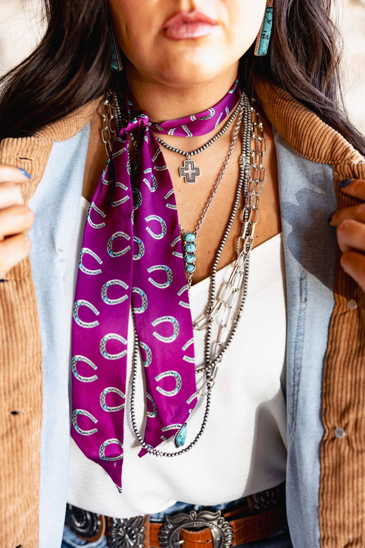 Purple Silk Twilly Scarf with Silver and Turquoise