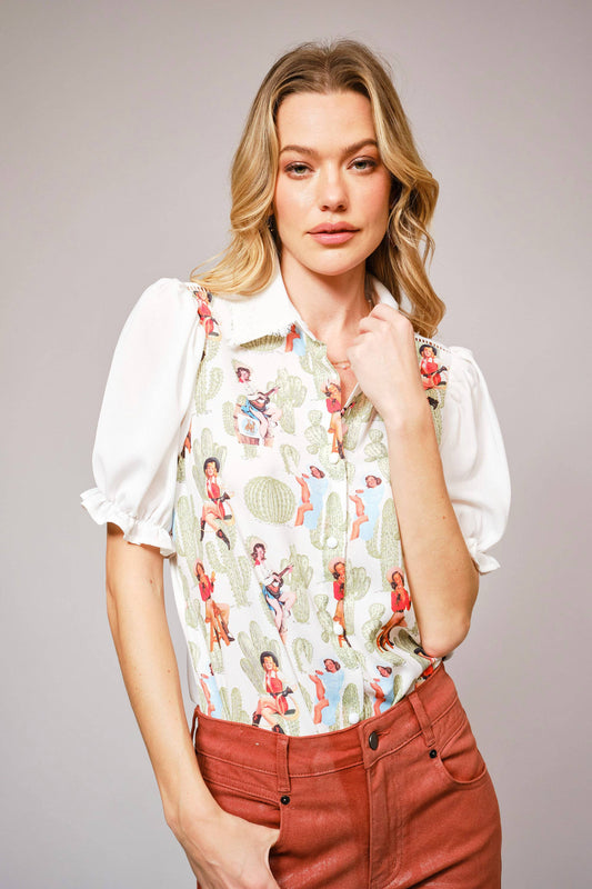 Pin Up Girl Cactus Print Lace Collar Blouse: OFF WHITE