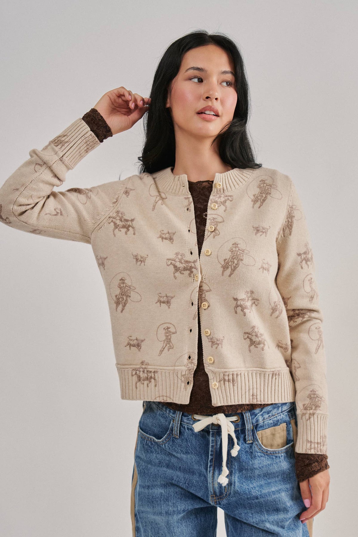 Western Cowboy Print Button Front Cardigan: Khaki / S-M-L