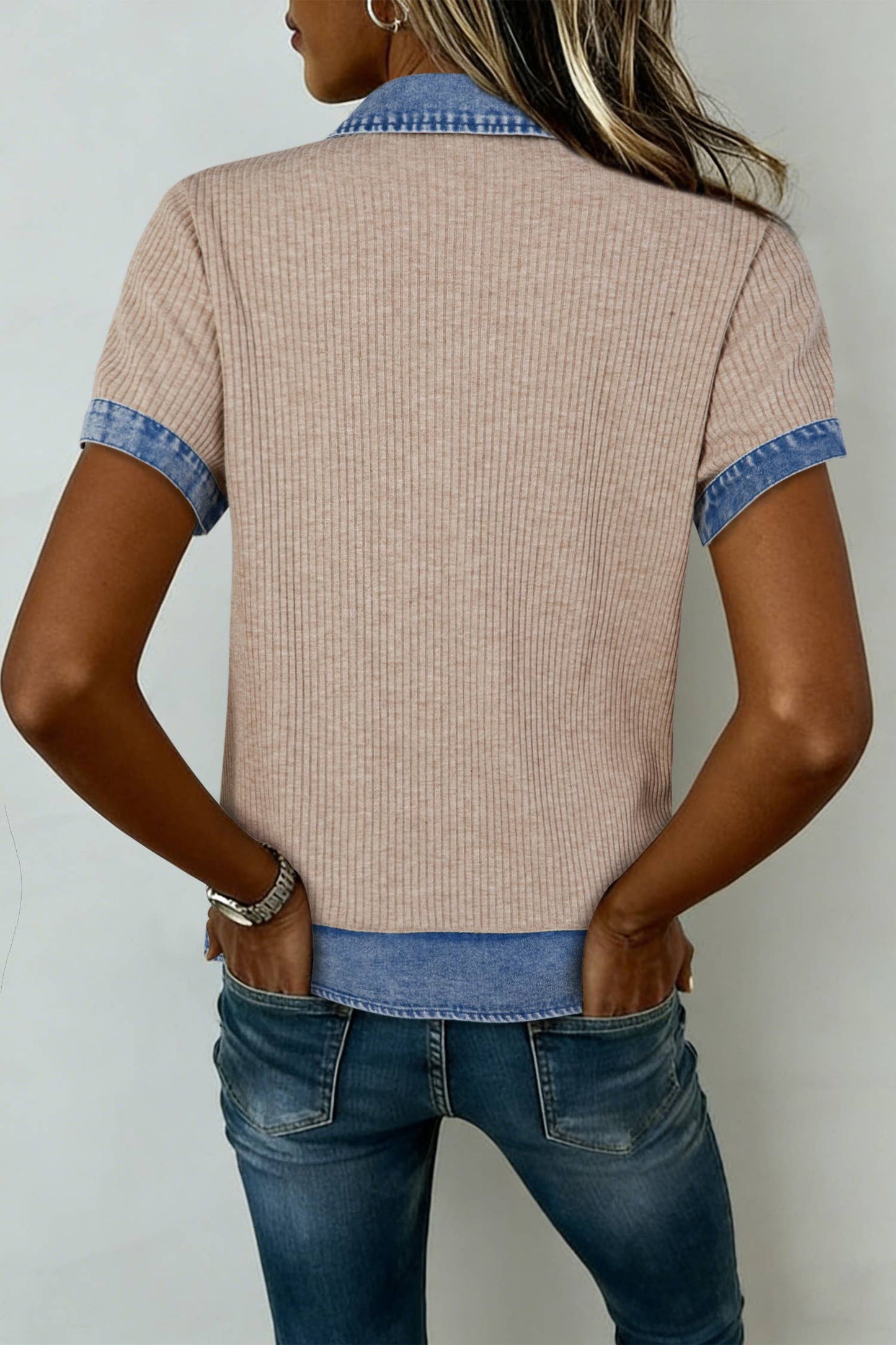 Ribbed Knit Denim Color Block Button Collared Blouse