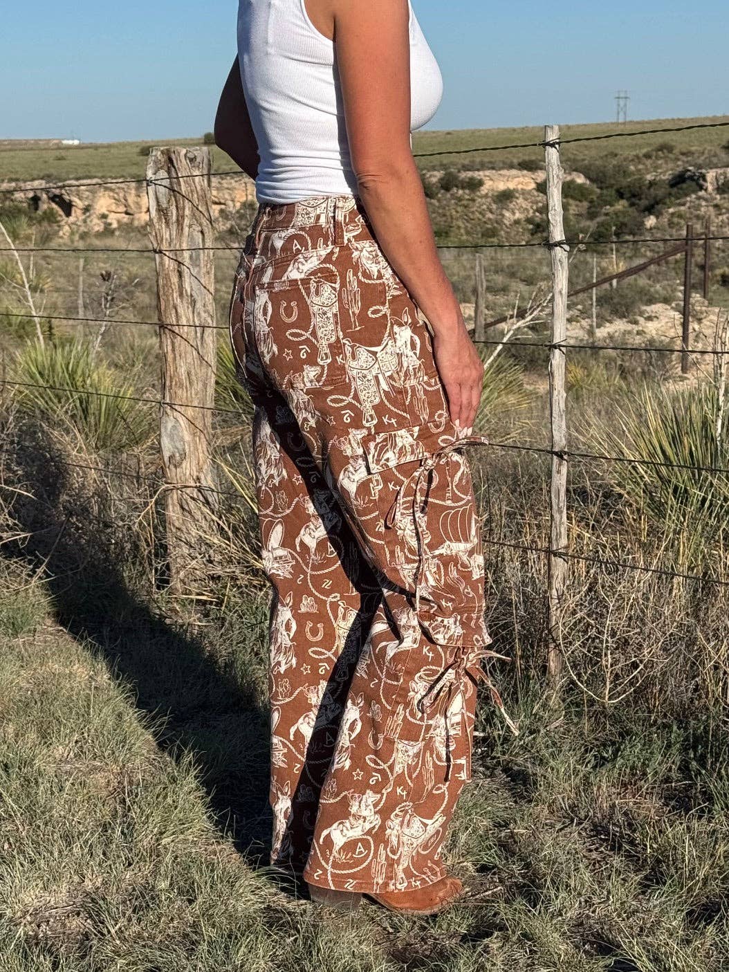Ranch Roundup western print wide leg cargo jeans with pocket ties: 1/25