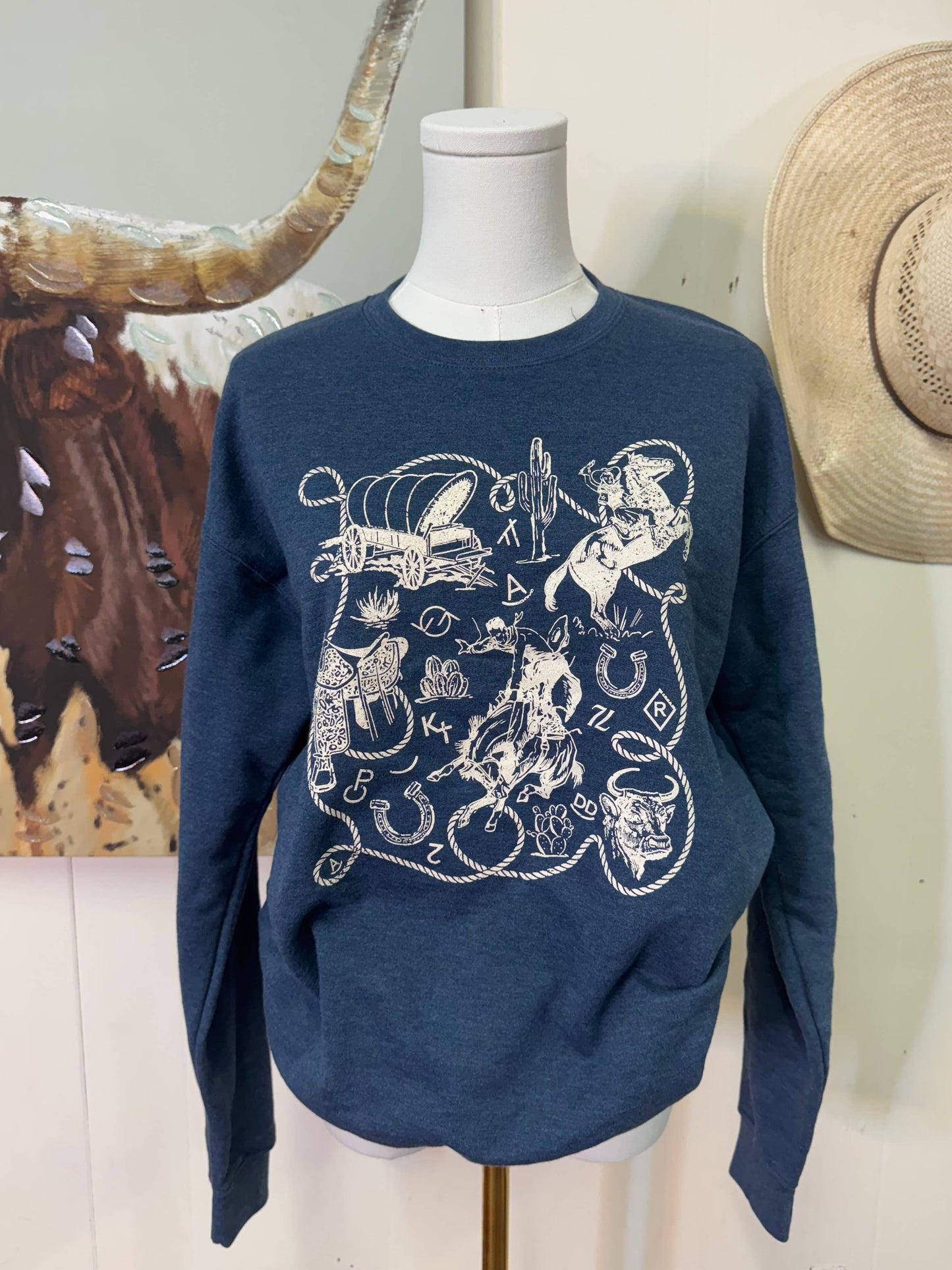 Western Icons heather denim blue crewneck sweatshirt: M