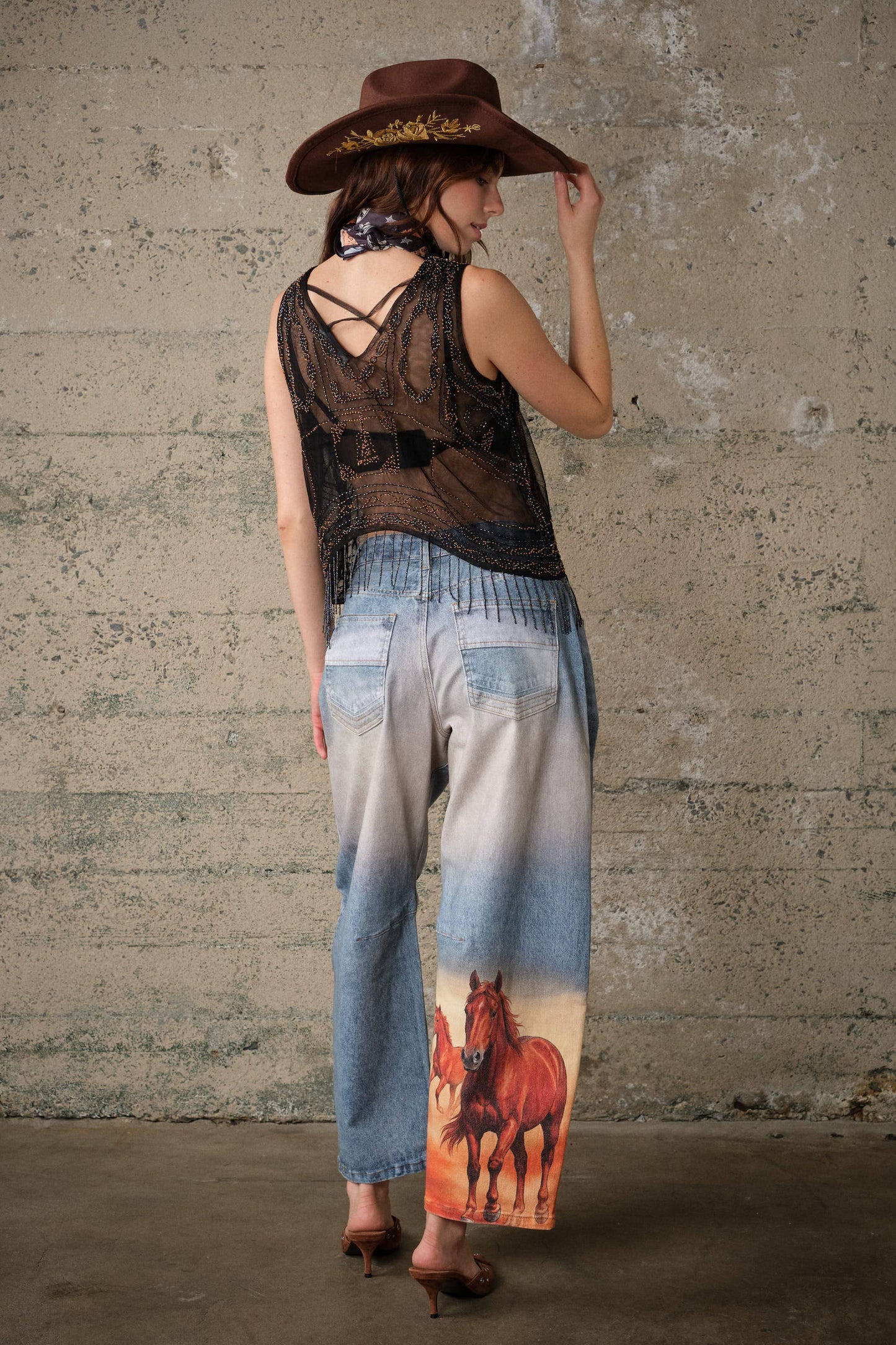 60004P Horse Printed Barrel Leg Denim Pants: DENIM / S-M-L (2-2-2)