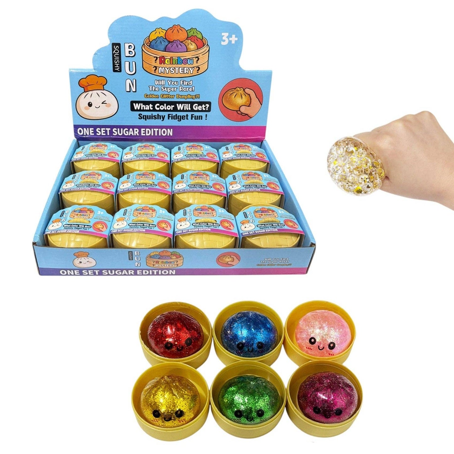 Mini Glitter Gel Bead Squishy Dumpling With Steamer SQ6606-3 (12PC): ASSORTED