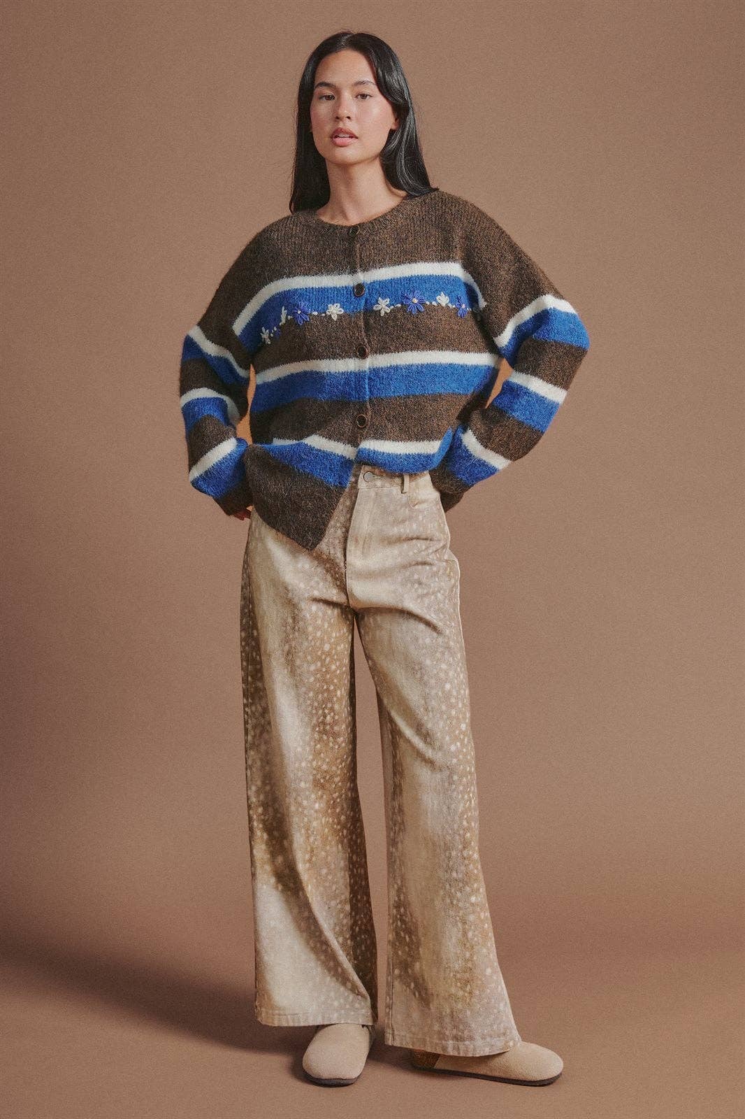 Deer Spot Print Wide Leg Cotton Twill Pants: Khaki / S-M-L