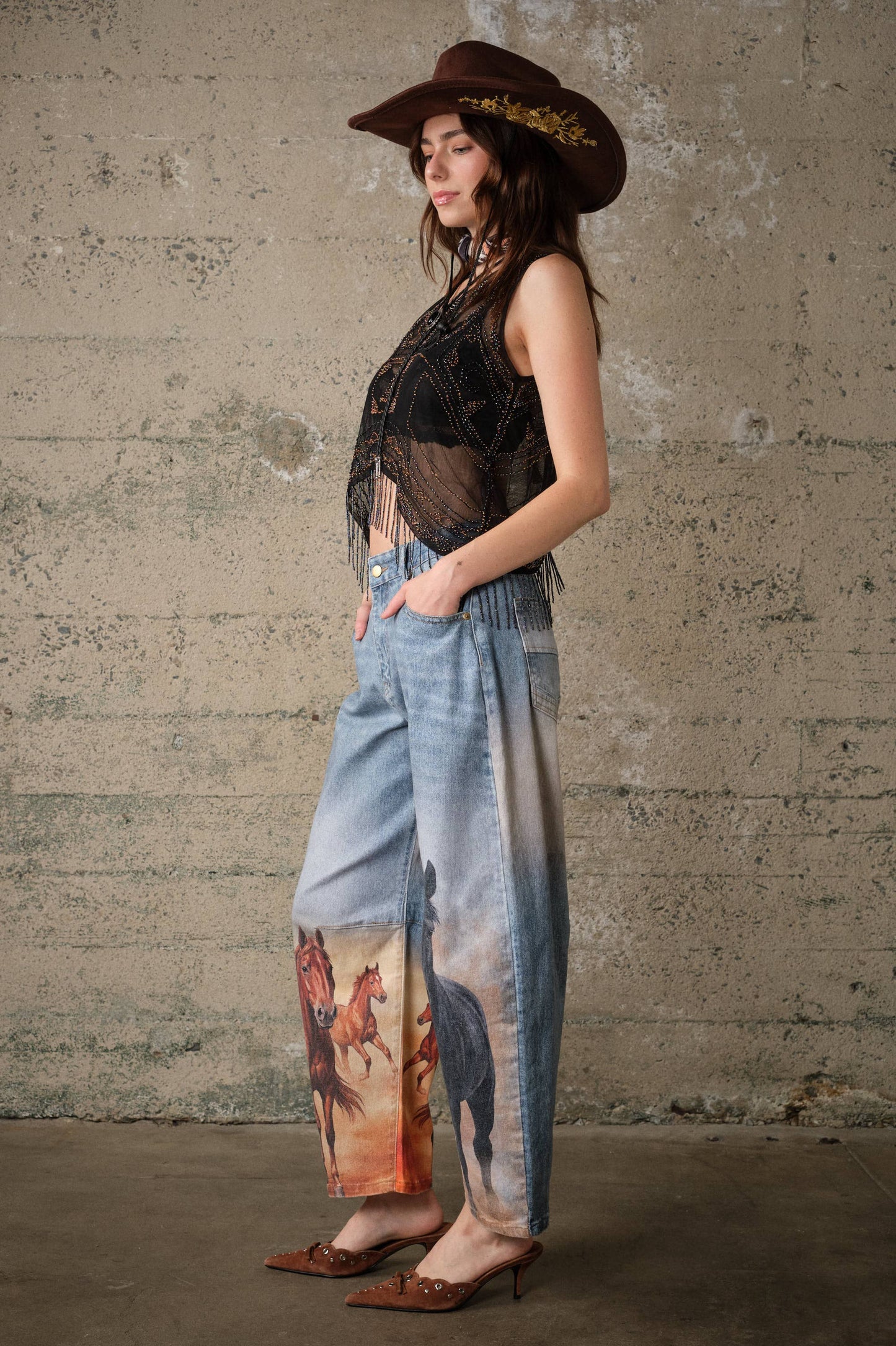 60004P Horse Printed Barrel Leg Denim Pants: DENIM / S-M-L (2-2-2)