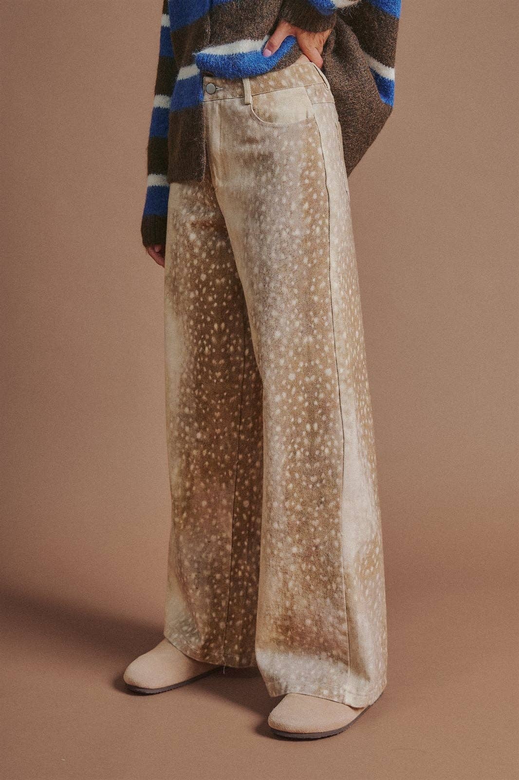 Deer Spot Print Wide Leg Cotton Twill Pants: Khaki / S-M-L