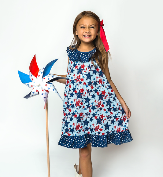 Girls Americana Dark Navy Star Ruffle-Hem Yoke Dress: Dark Navy / 8