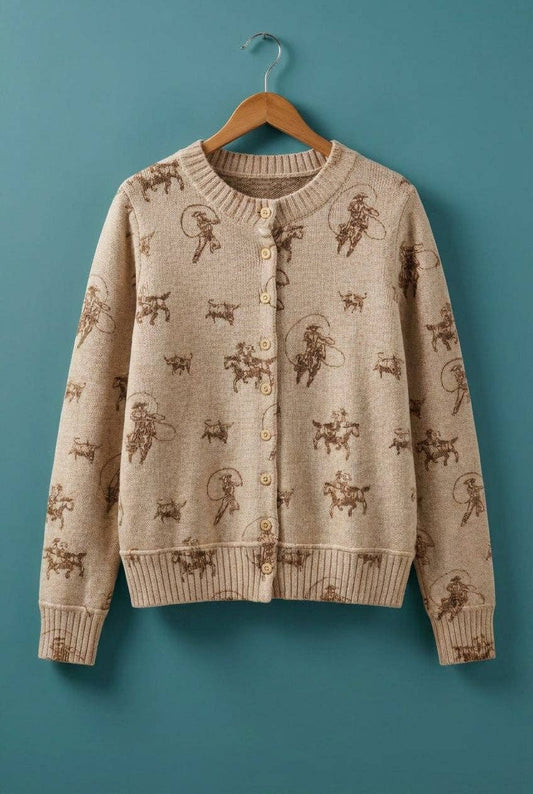 Western Cowboy Print Button Front Cardigan: Khaki / S-M-L