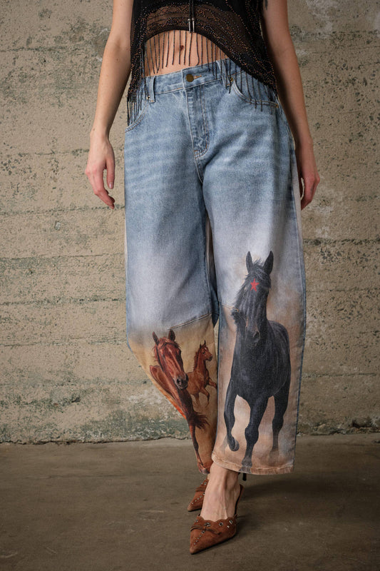 60004P Horse Printed Barrel Leg Denim Pants: DENIM / S-M-L (2-2-2)