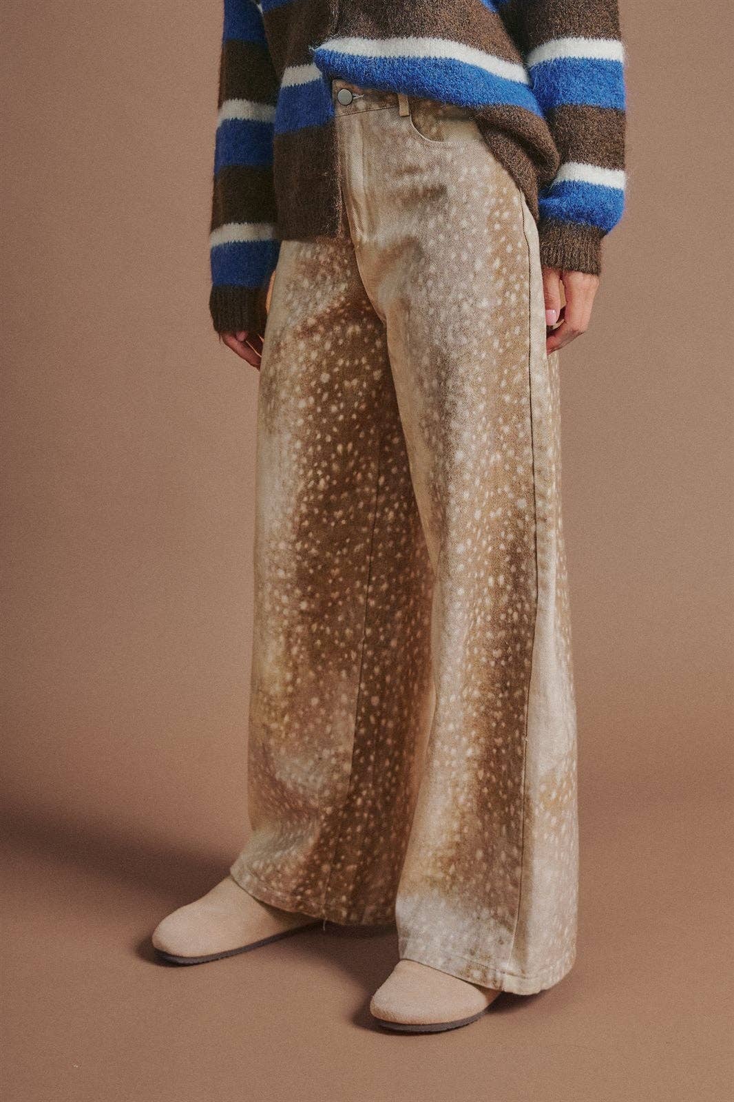 Deer Spot Print Wide Leg Cotton Twill Pants: Khaki / S-M-L