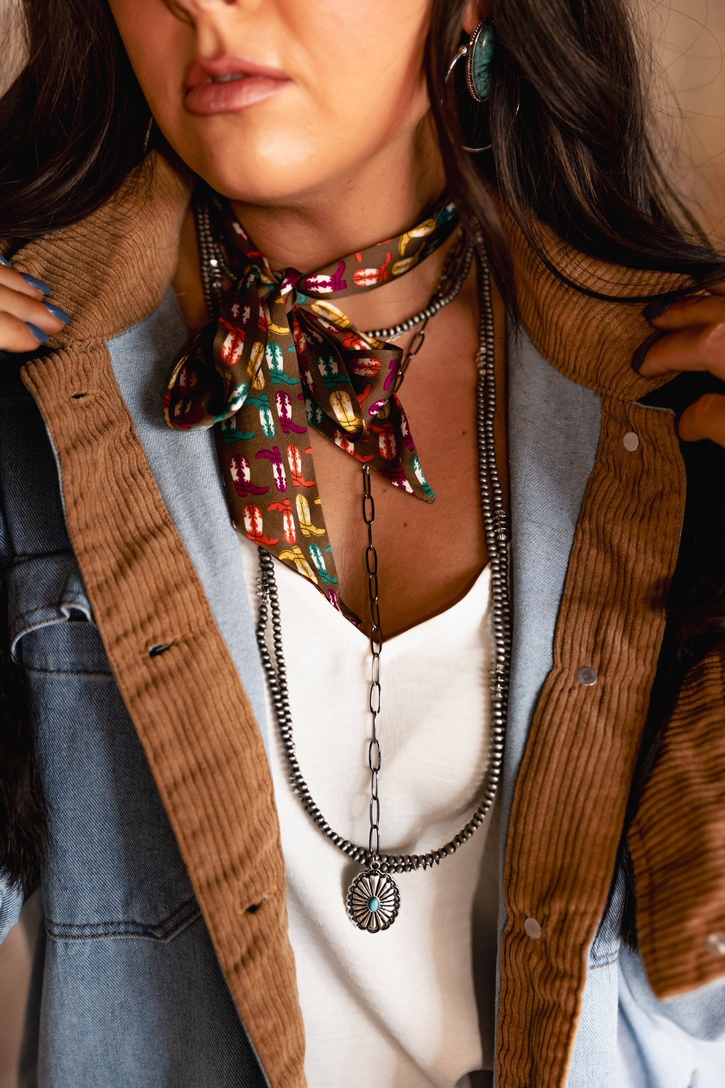 Brown Silk Twilly with Multicolor Cowboy Boots