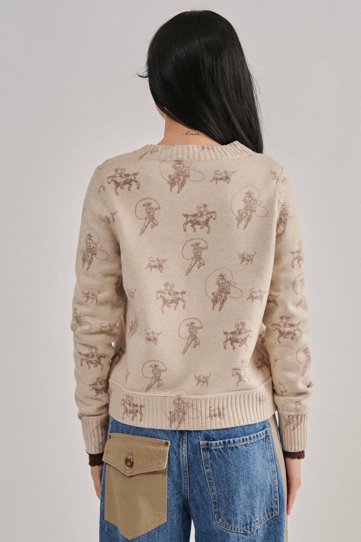 Western Cowboy Print Button Front Cardigan: Khaki / S-M-L