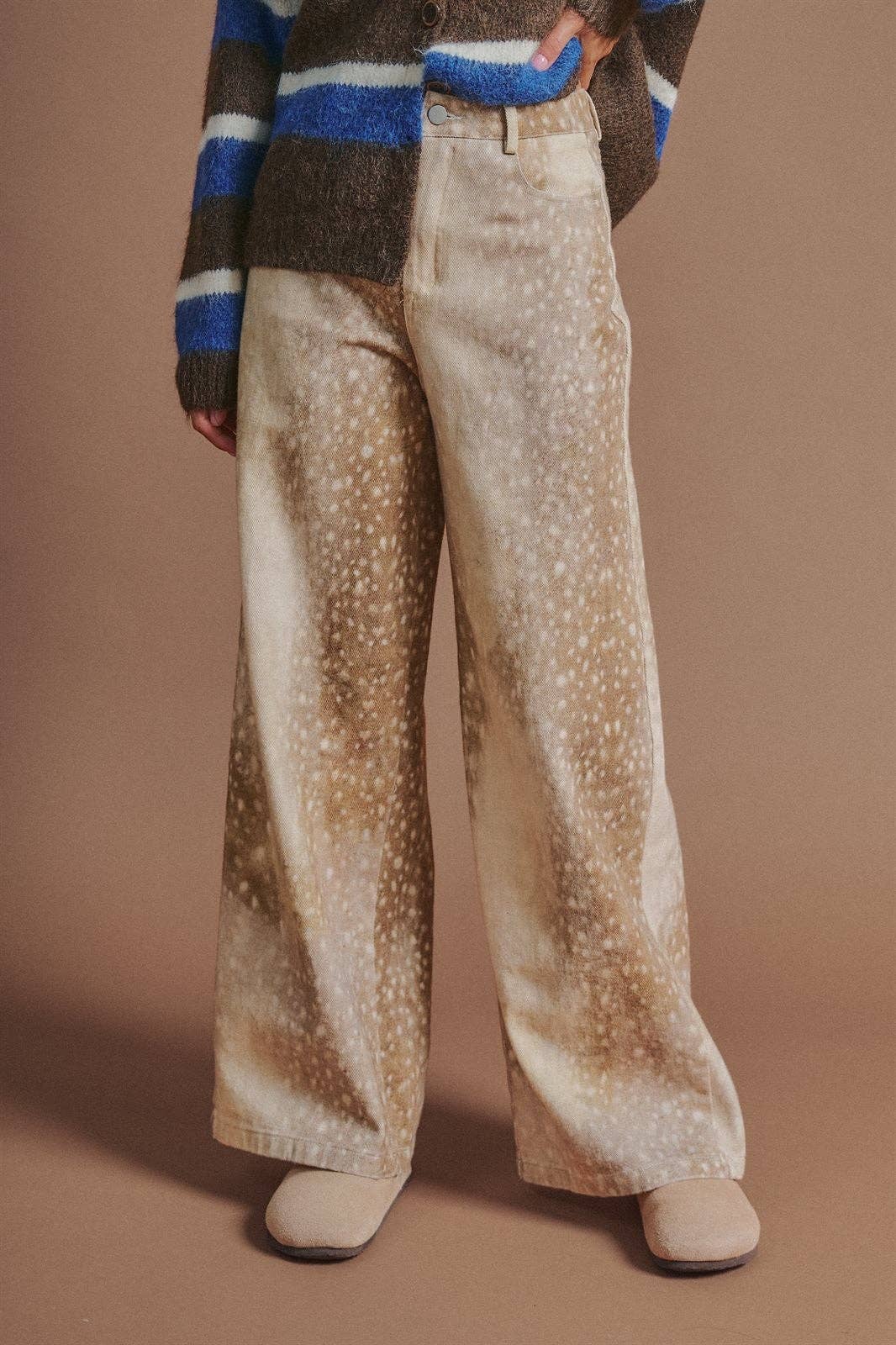 Deer Spot Print Wide Leg Cotton Twill Pants: Khaki / S-M-L
