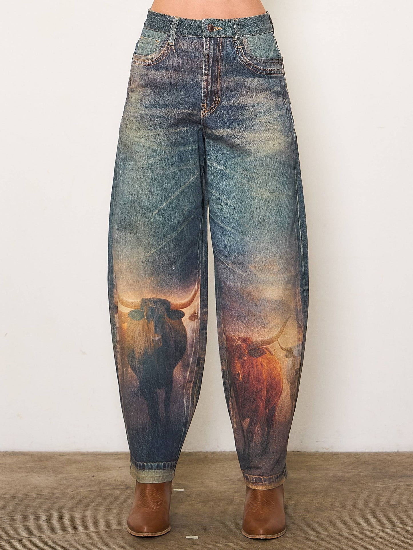 Long Horn Digital Print Baggy Jeans: LONG HORN / L