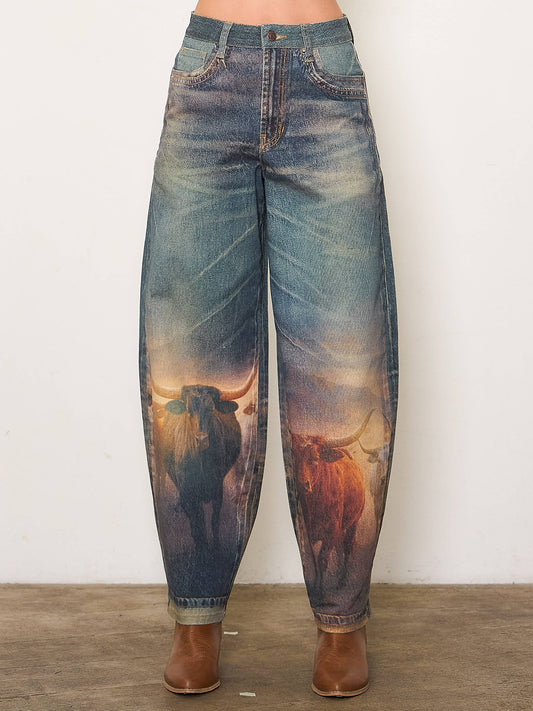 Long Horn Digital Print Baggy Jeans: LONG HORN / L