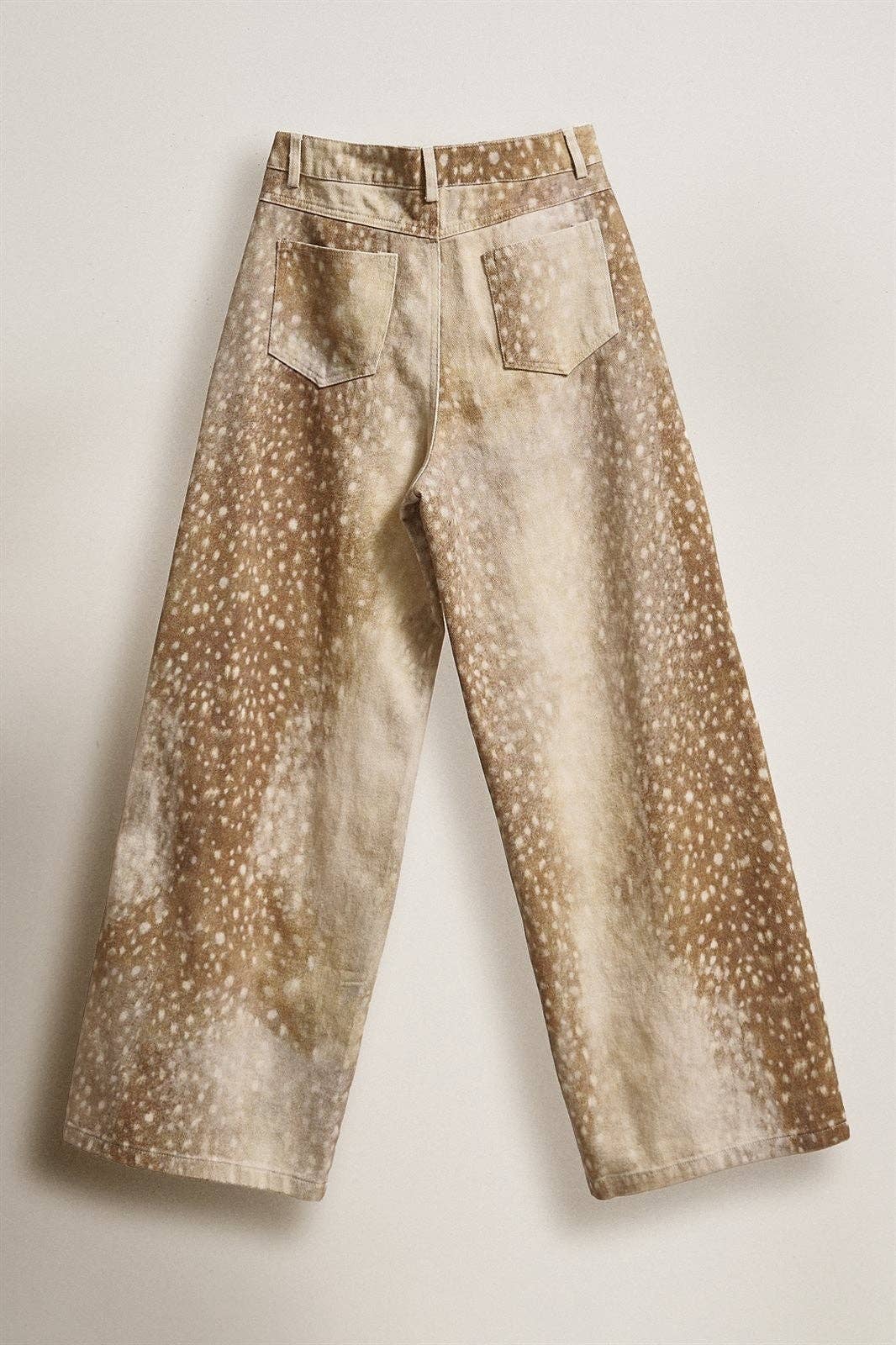 Deer Spot Print Wide Leg Cotton Twill Pants: Khaki / S-M-L