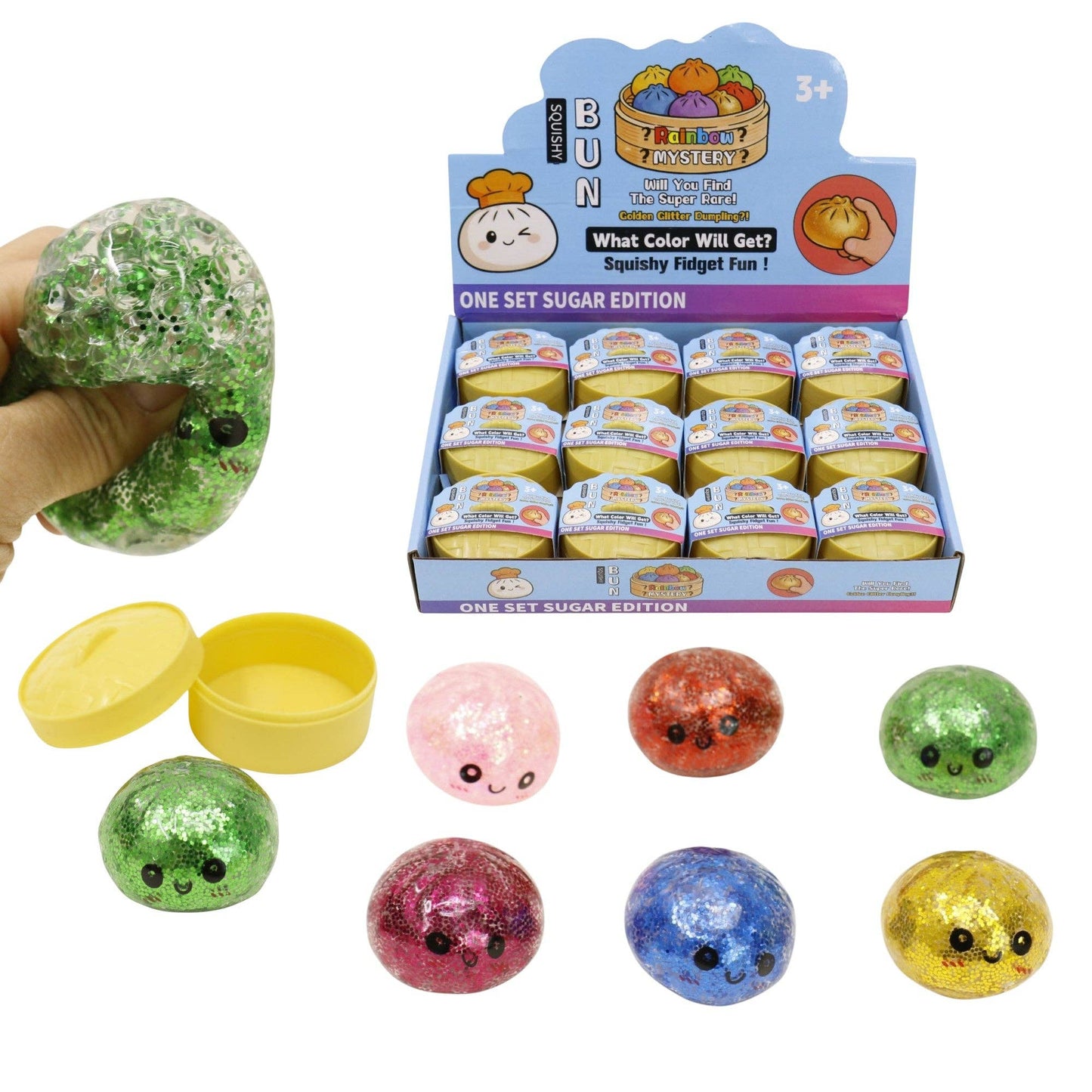 Mini Glitter Gel Bead Squishy Dumpling With Steamer SQ6606-3 (12PC): ASSORTED