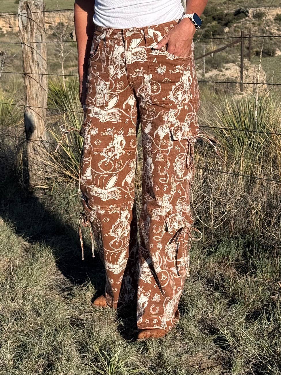 Ranch Roundup western print wide leg cargo jeans with pocket ties: 1/25
