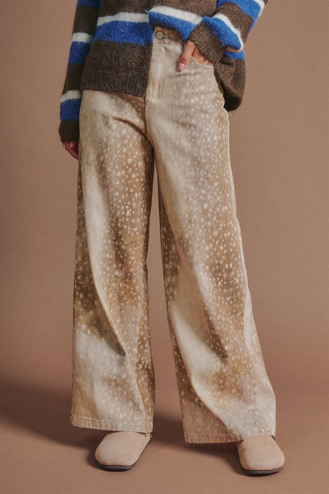 Deer Spot Print Wide Leg Cotton Twill Pants: Khaki / S-M-L