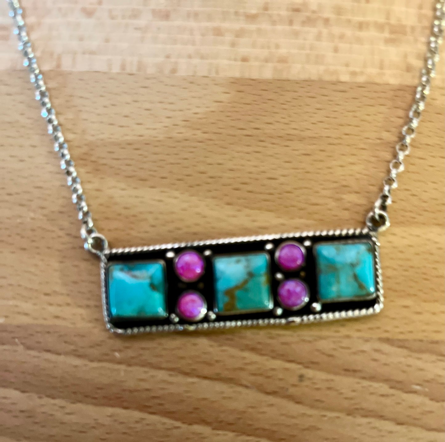 STERLING SILVER, TURQUOISE AND FIRE OPAL BAR NECKLACE