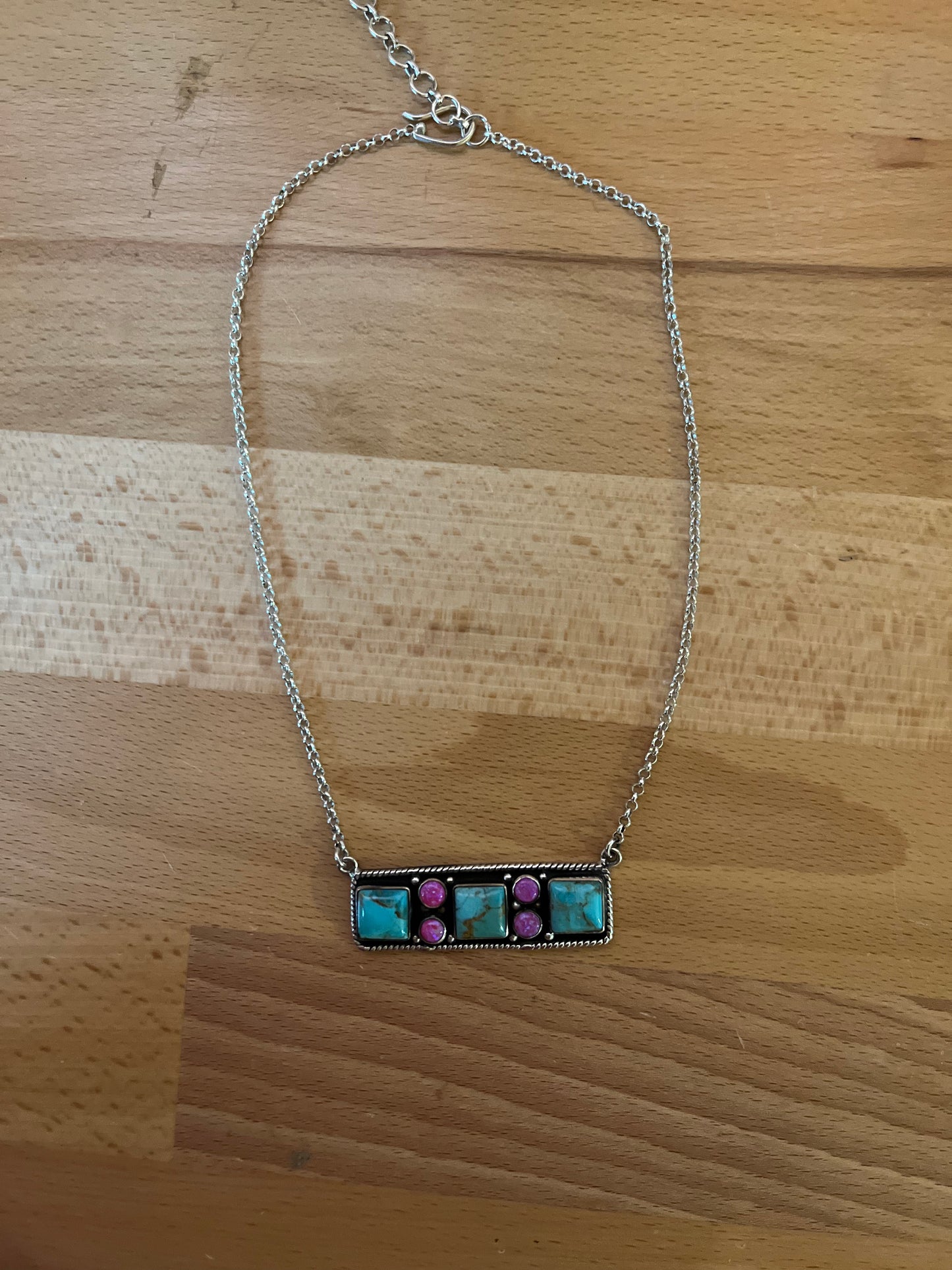STERLING SILVER, TURQUOISE AND FIRE OPAL BAR NECKLACE