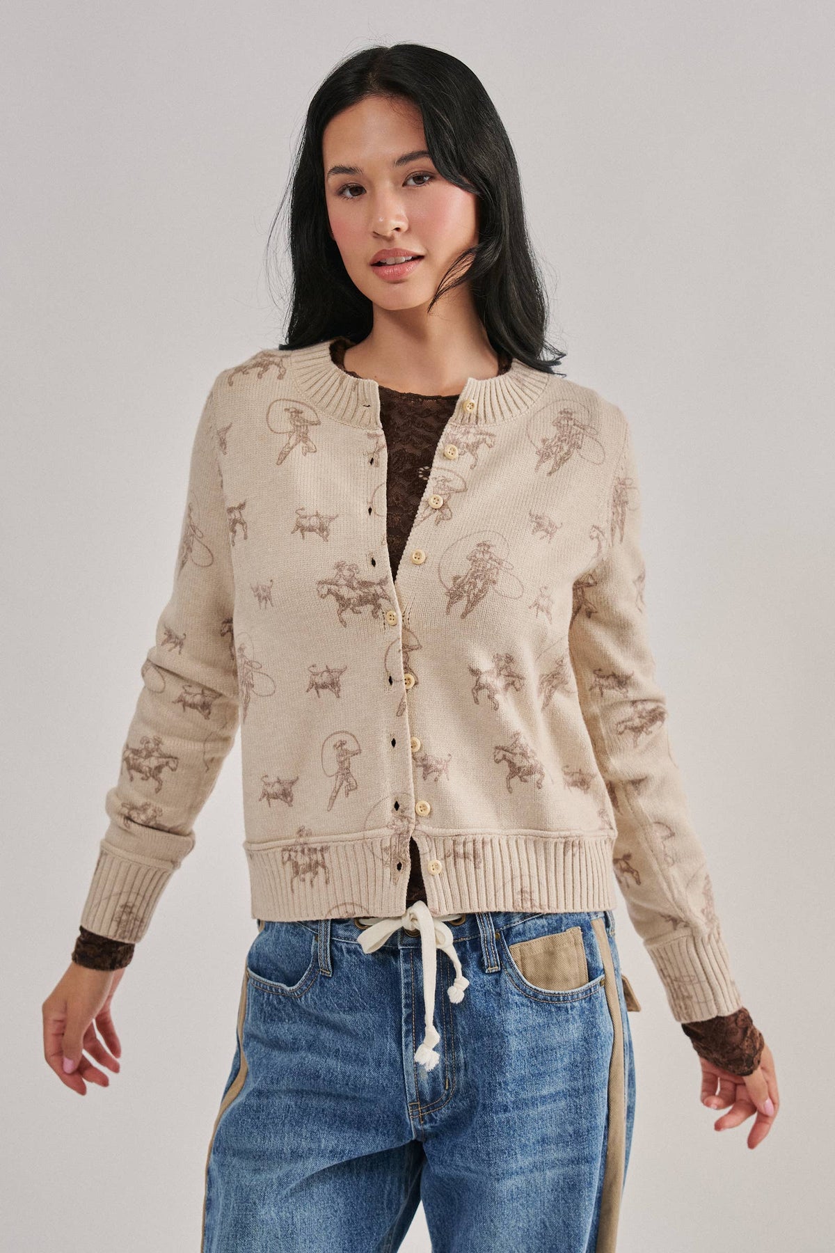 Western Cowboy Print Button Front Cardigan: Khaki / S-M-L