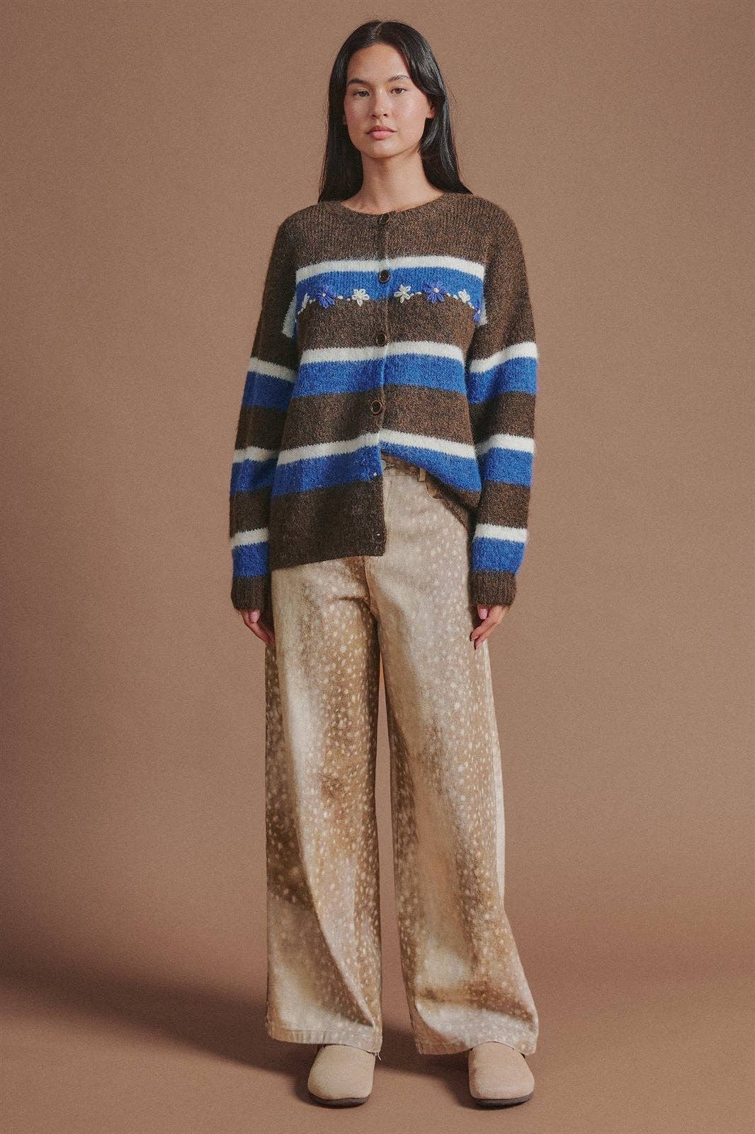Deer Spot Print Wide Leg Cotton Twill Pants: Khaki / S-M-L