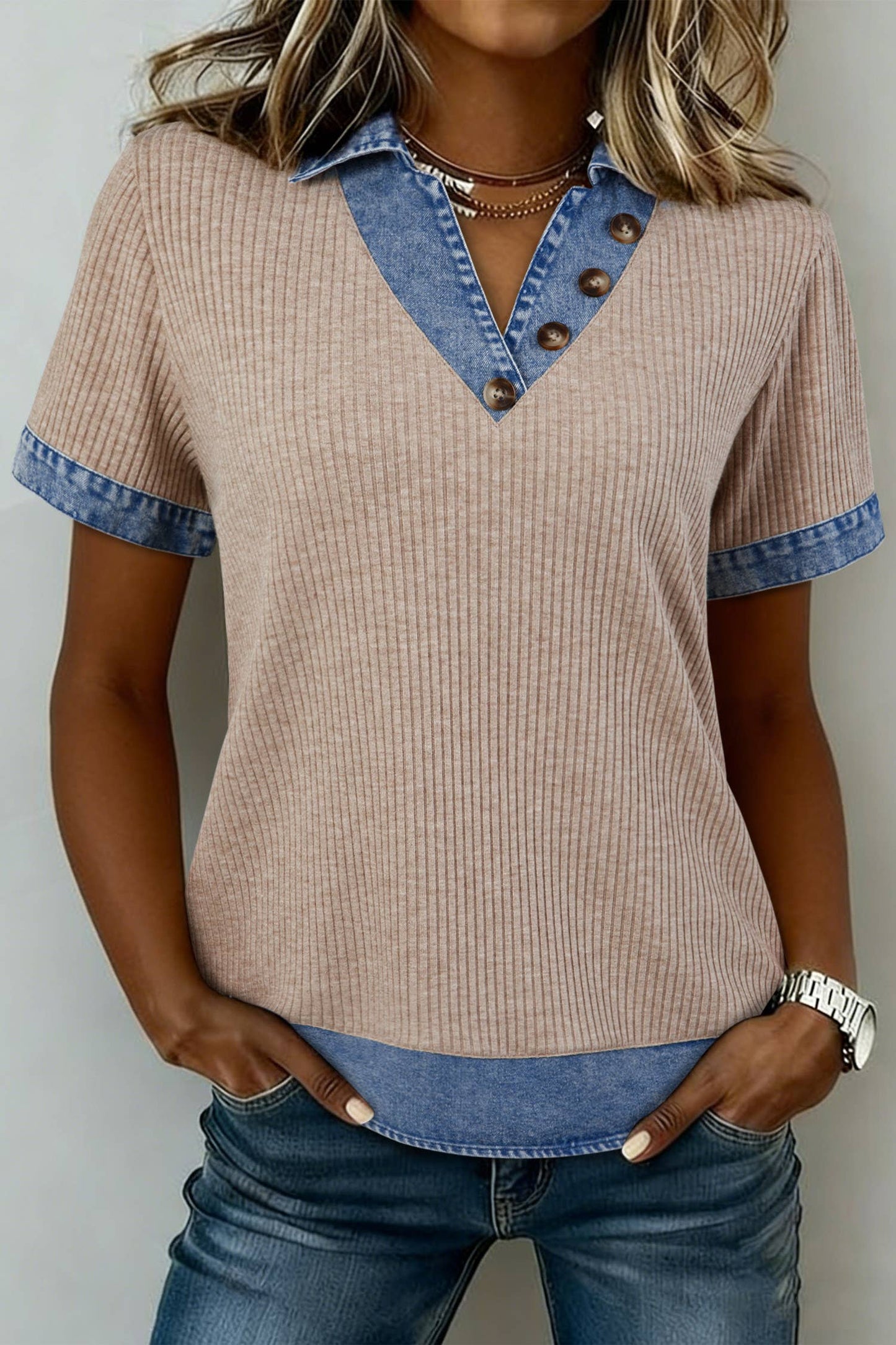 Ribbed Knit Denim Color Block Button Collared Blouse