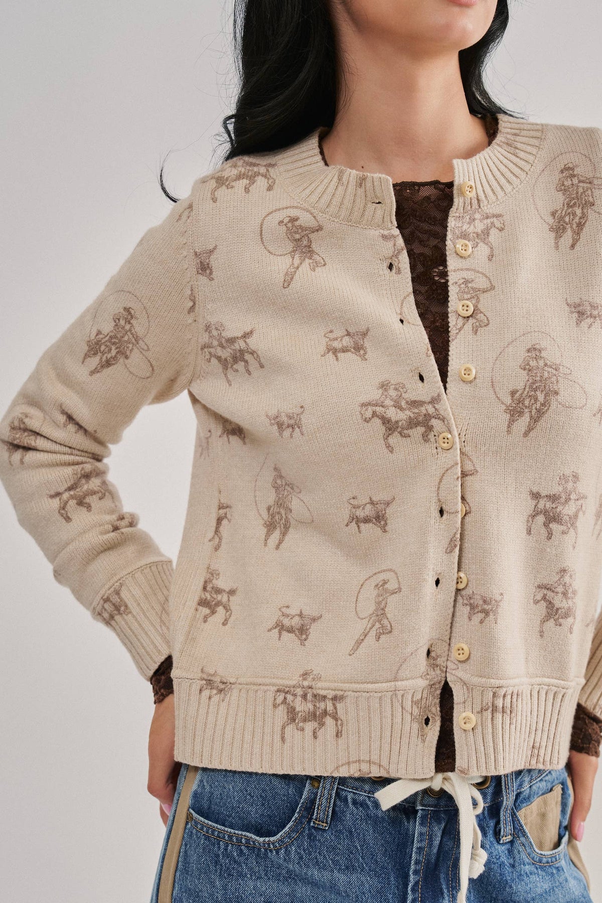 Western Cowboy Print Button Front Cardigan: Khaki / S-M-L