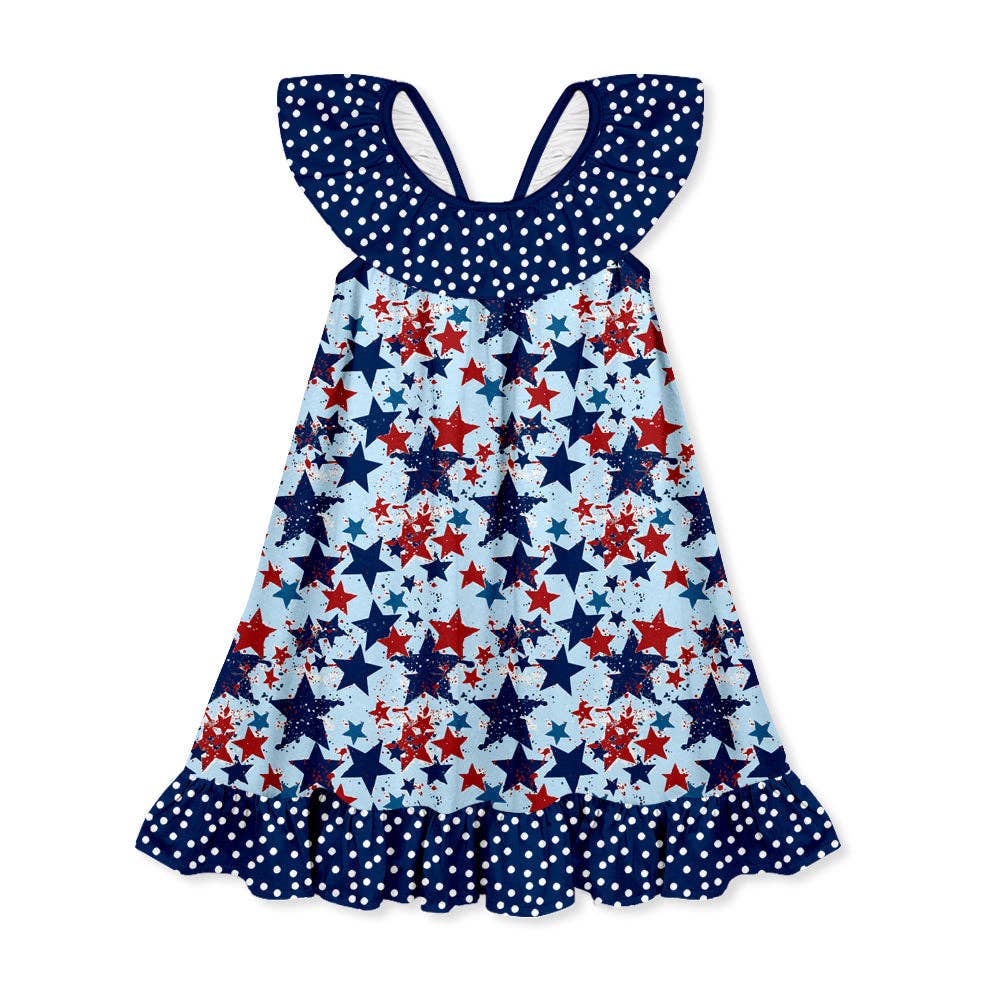 Girls Americana Dark Navy Star Ruffle-Hem Yoke Dress: Dark Navy / 5