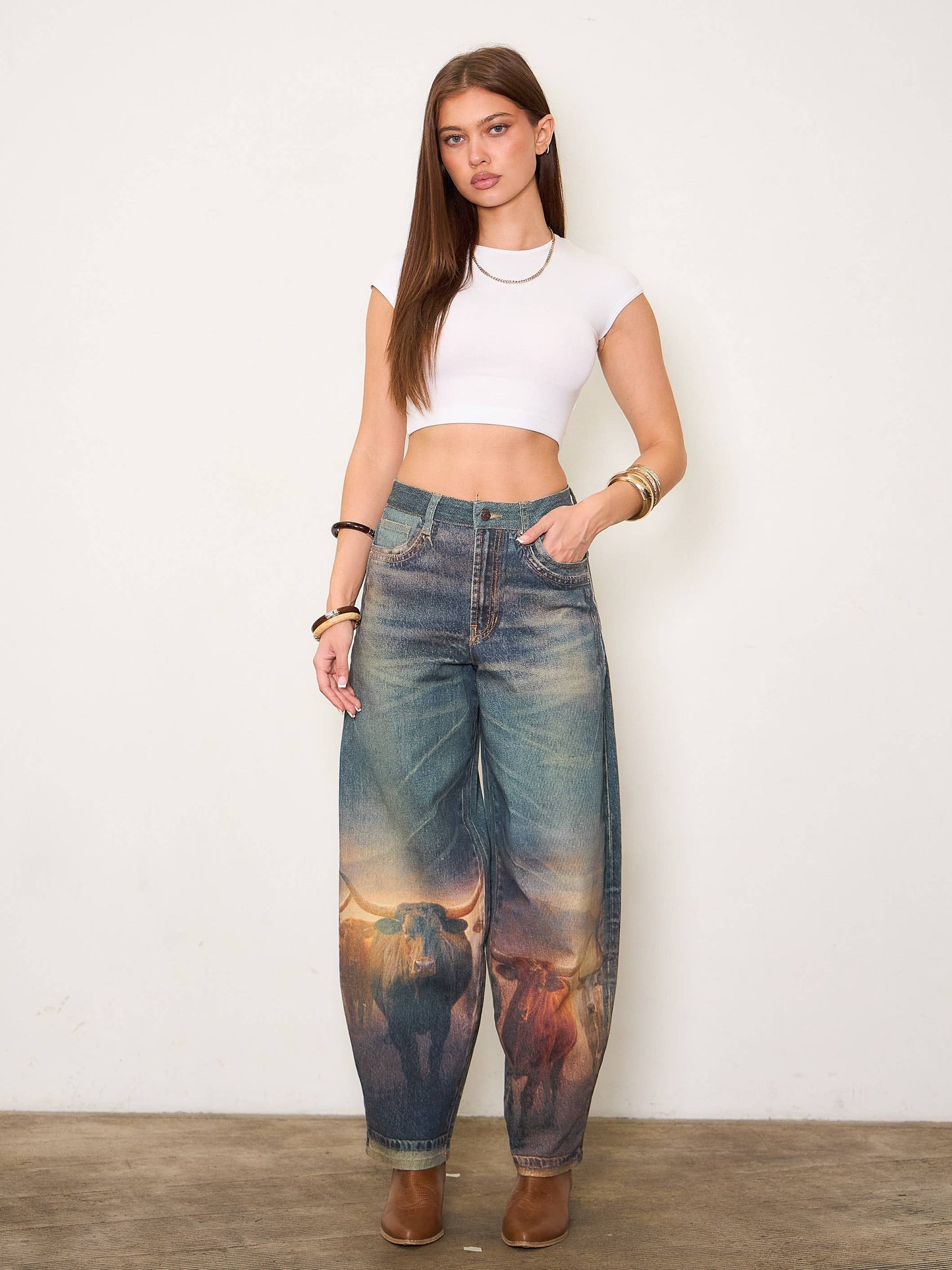 Long Horn Digital Print Baggy Jeans: LONG HORN / M