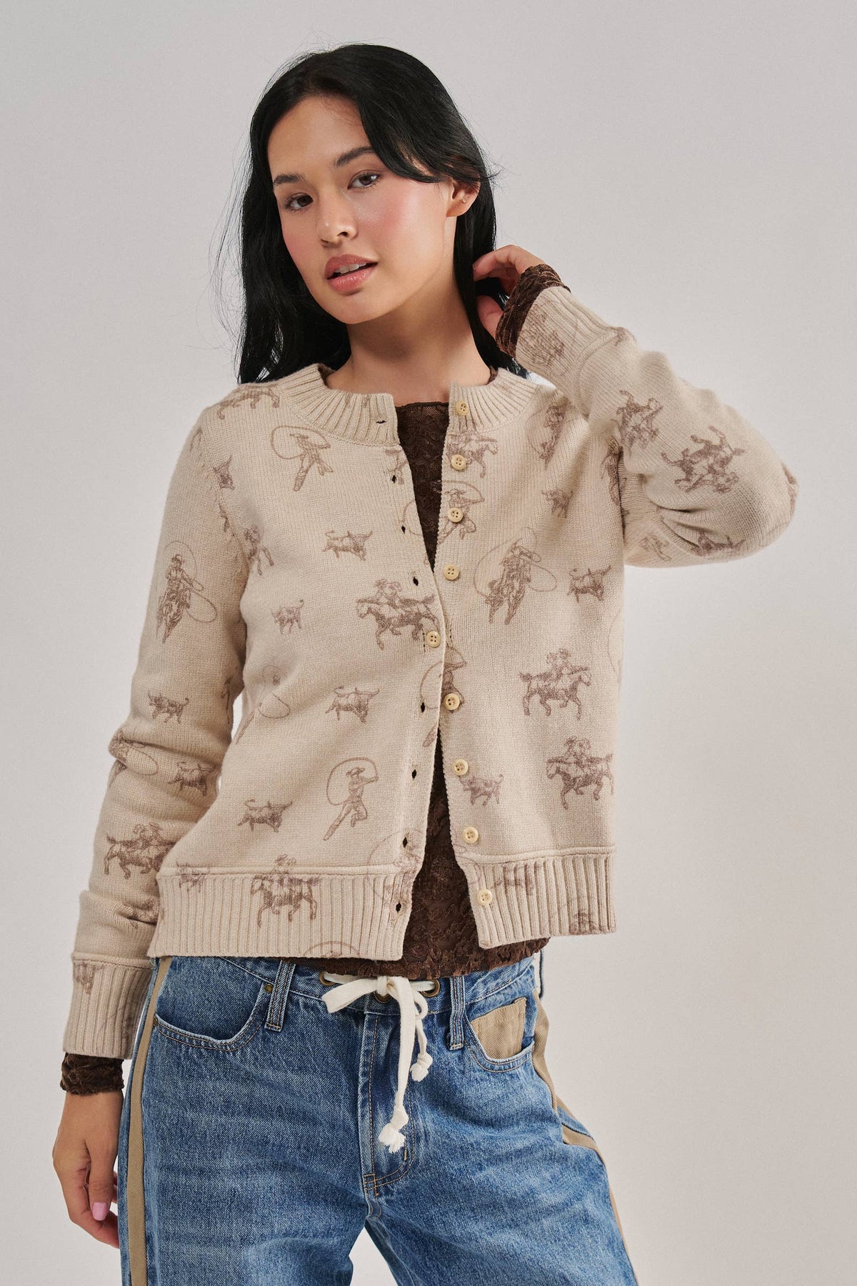 Western Cowboy Print Button Front Cardigan: Khaki / S-M-L