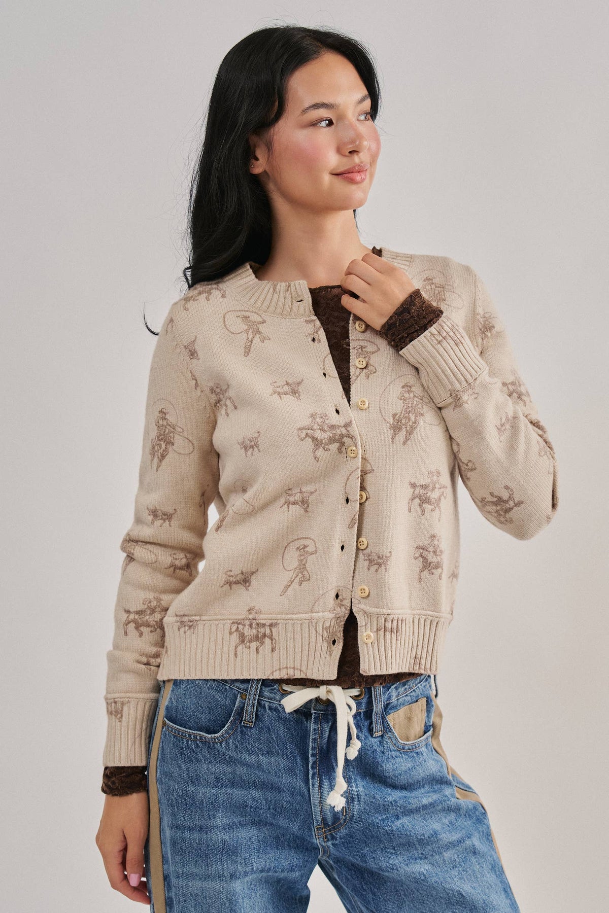 Western Cowboy Print Button Front Cardigan: Khaki / S-M-L