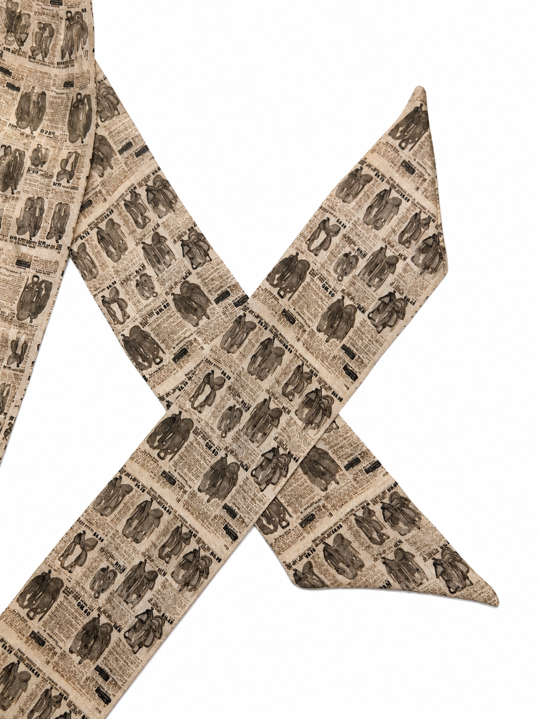 Neutral Silk Twilly Scarf w/ Vintage Saddle Catalog Pattern