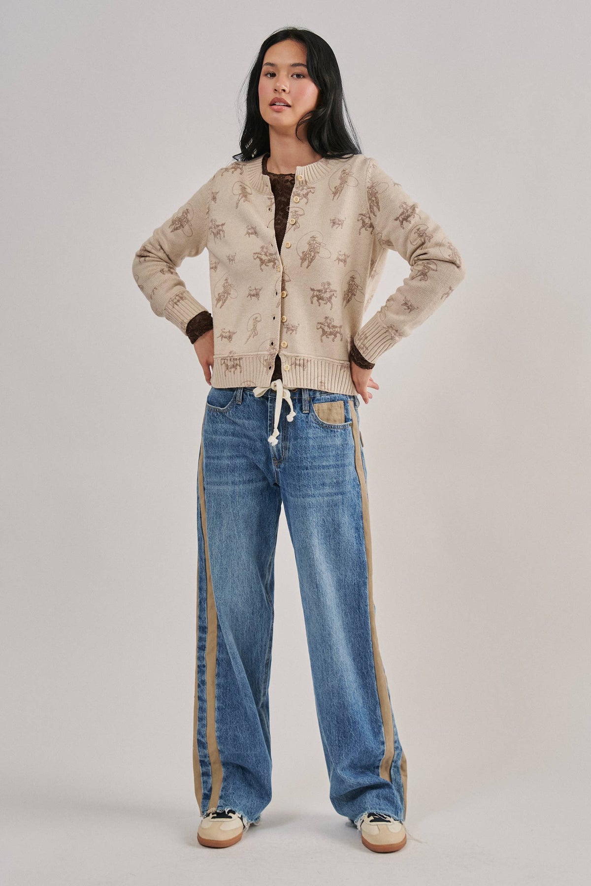 Western Cowboy Print Button Front Cardigan: Khaki / S-M-L