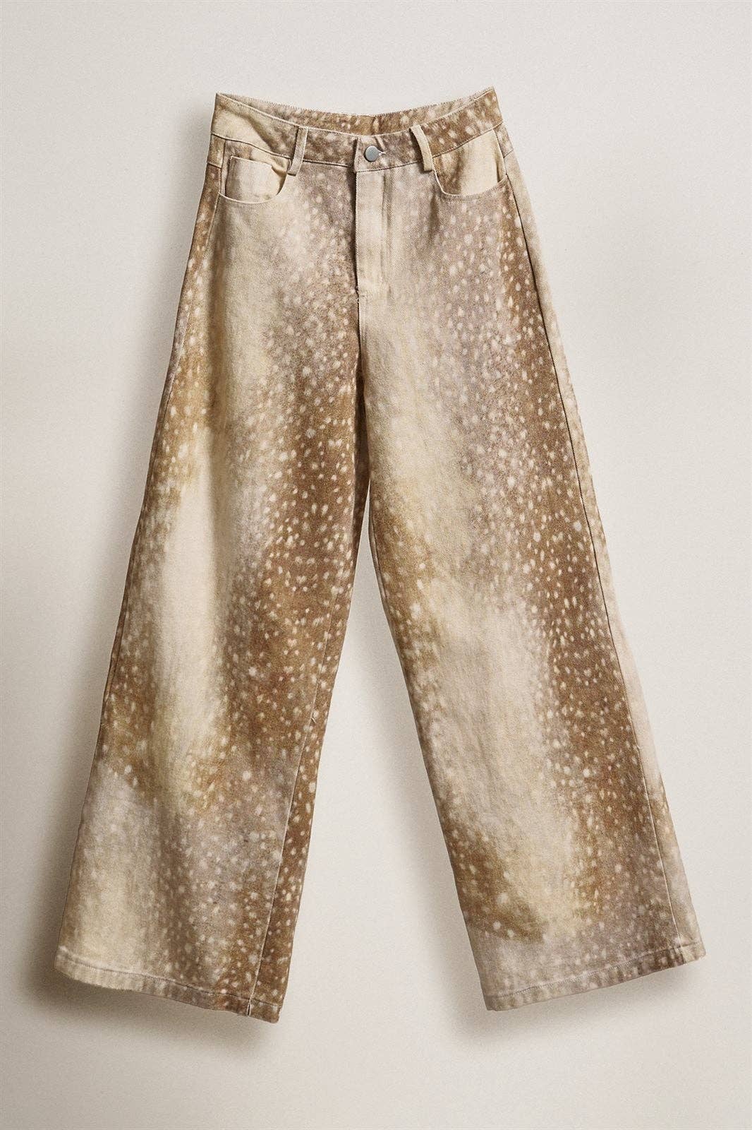 Deer Spot Print Wide Leg Cotton Twill Pants: Khaki / S-M-L