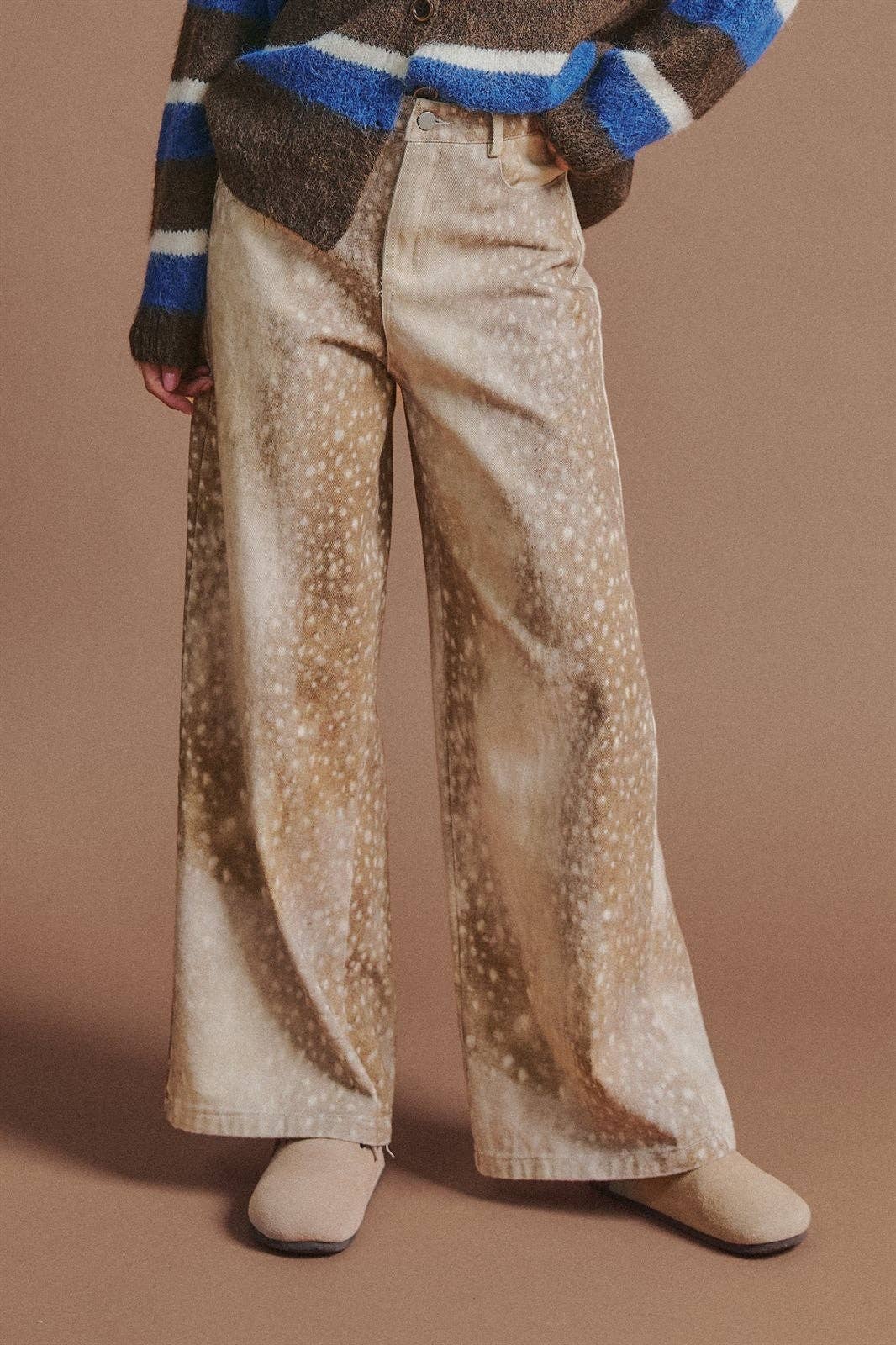 Deer Spot Print Wide Leg Cotton Twill Pants: Khaki / S-M-L