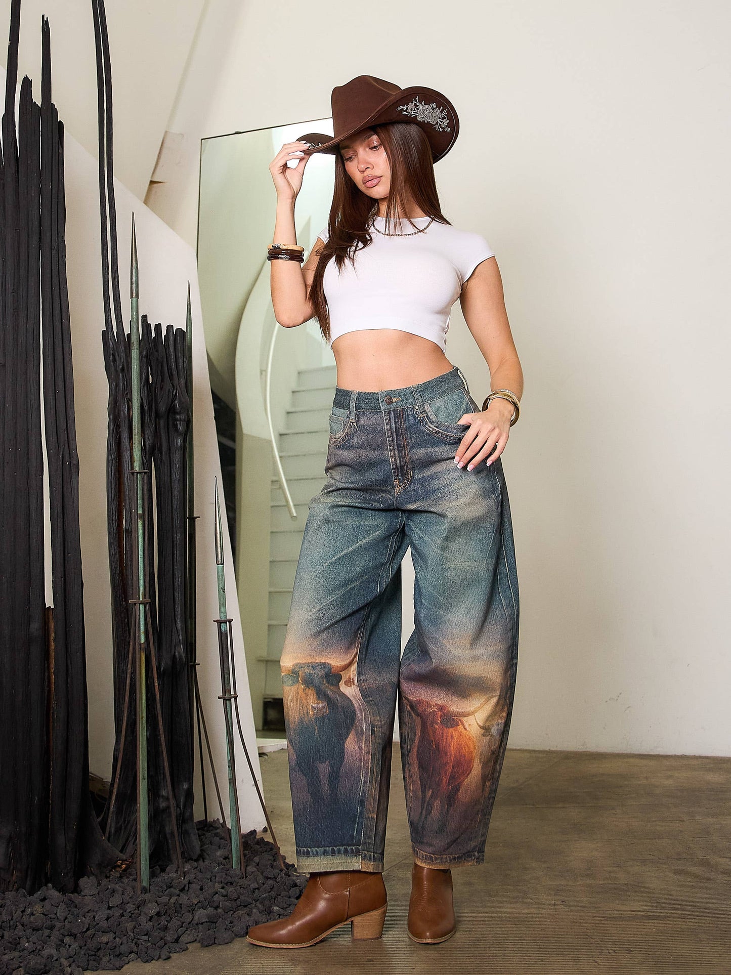 Long Horn Digital Print Baggy Jeans: LONG HORN / S